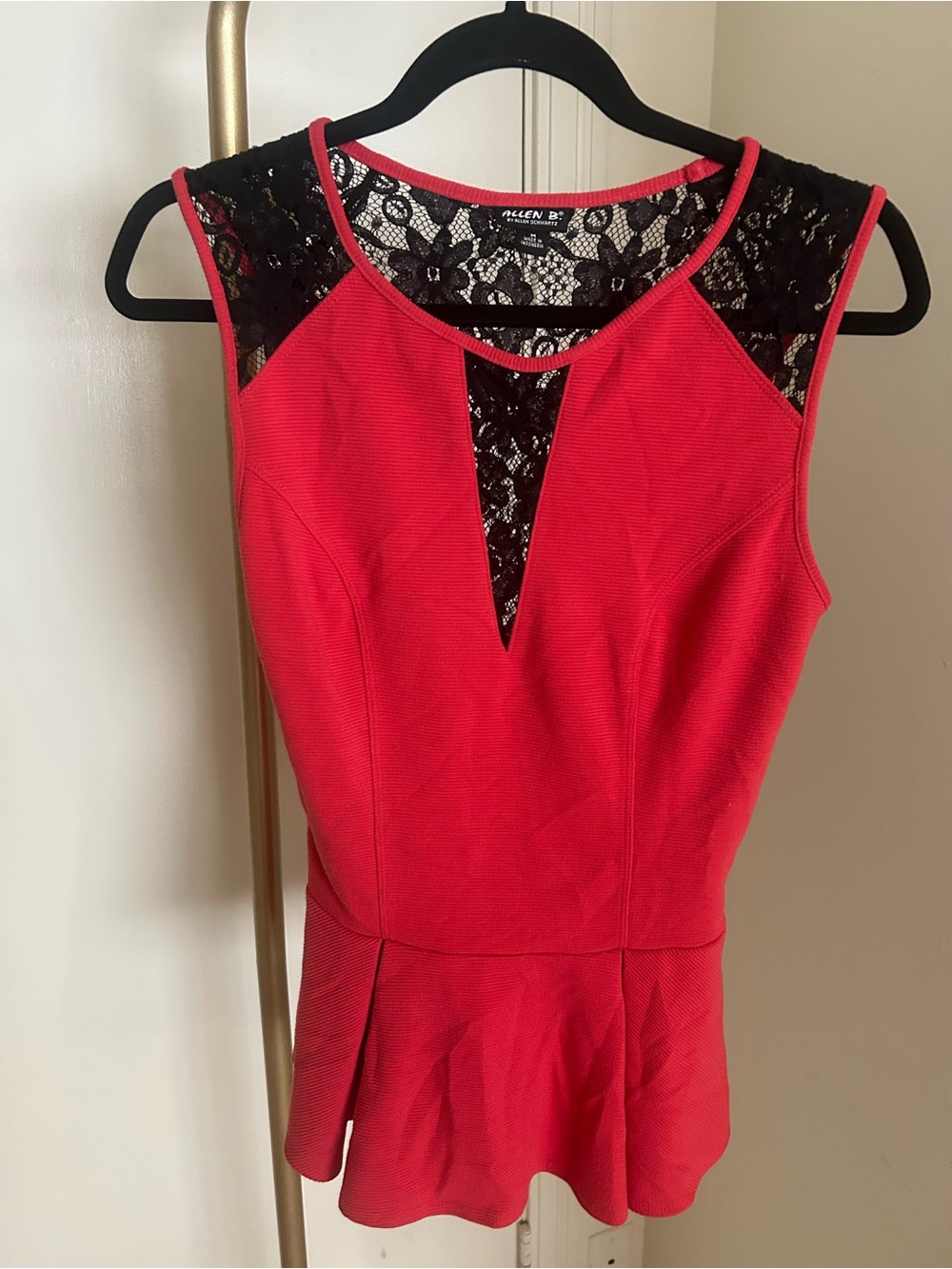 Allen B Red Peplum Top Black Lace Sleeveless Blouse Medium Cocktail Party